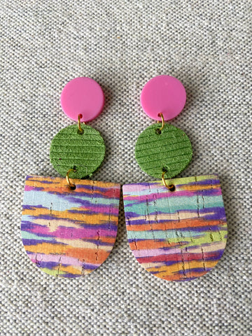 Pink and Green Leather Earrings