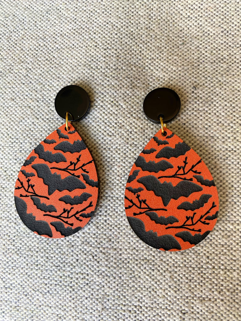 Black and Orange Wooden Bat Earrings