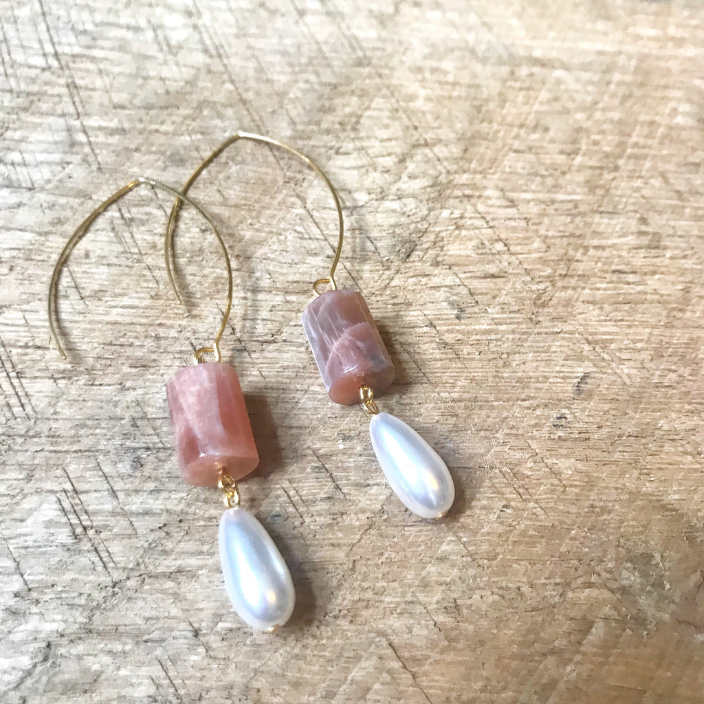 Pink Moonstone and Pearl Drop Earrings