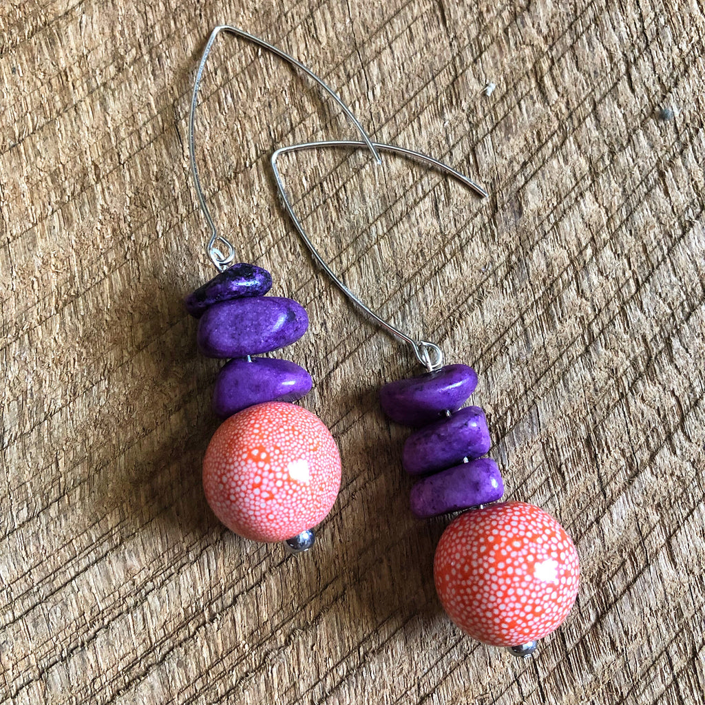 Purple and Orange Beaded Earrings