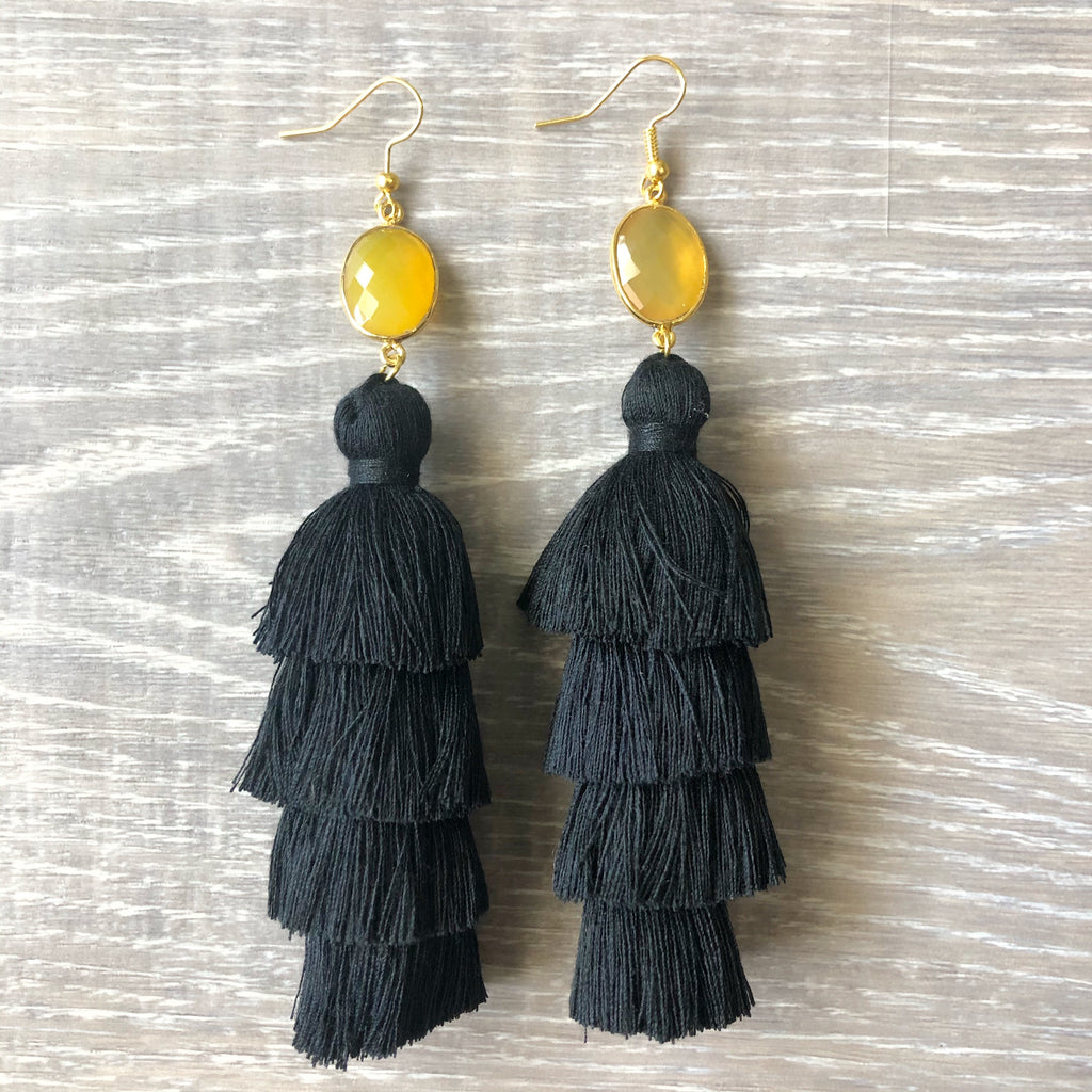 Yellow and Black Tassel Earrings