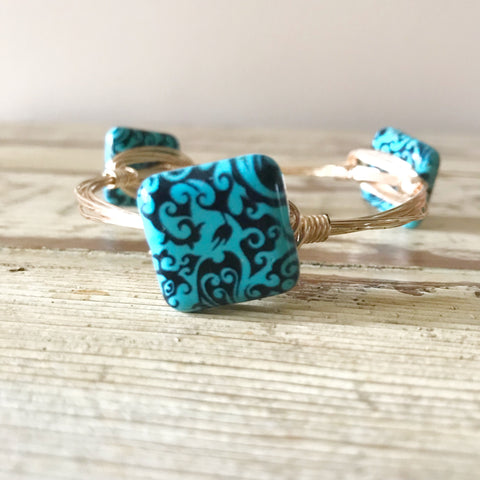 Turquoise and Black Square Wire Wrap Bangle
